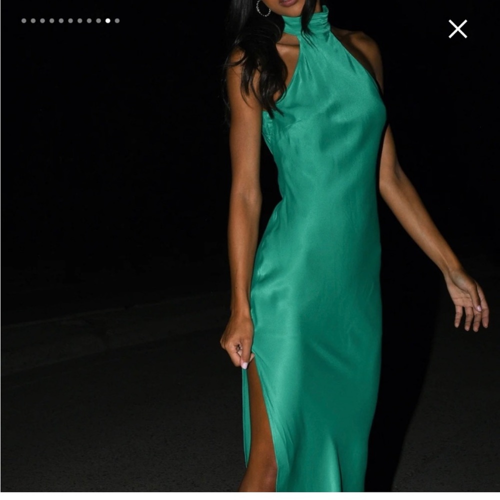 Meshki Backless Emerald Halter Neck Satin Maxi Dress